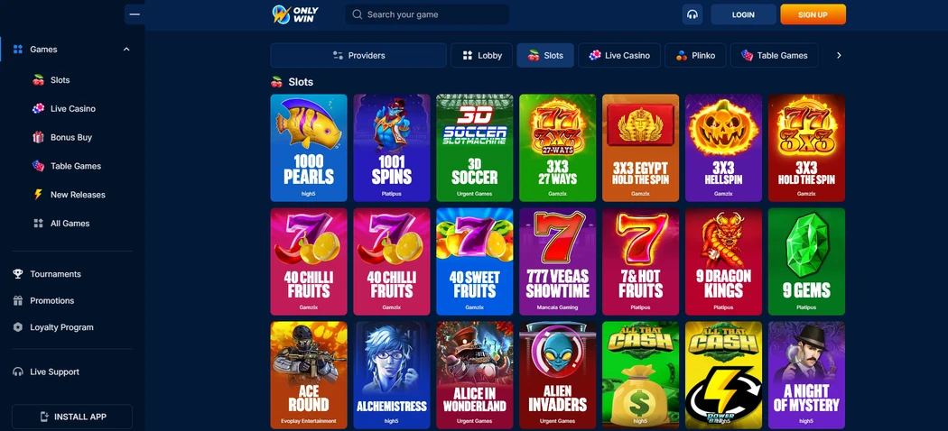 Only Win Casino game lobby Only Win Casino