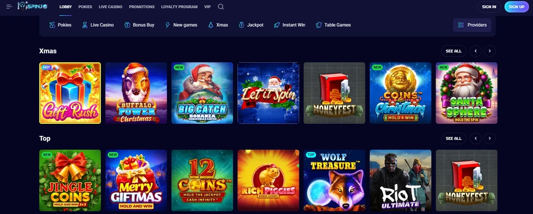Spinjo Casino game lobby Spin Jo Casino