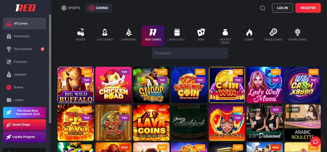 1Red Casino game lobby 1 Red Casino