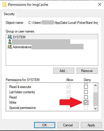 Pasta ImgCache para PokerStars Permissões da pasta ImgCache