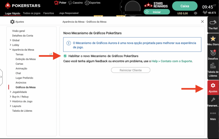 Abra as configurações Aurora na PokerStars