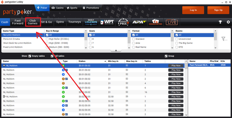 Club Games in the PartyPoker lobby Club Games on PartyPoker