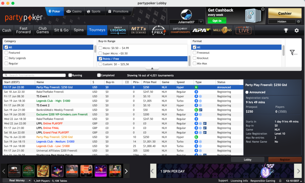 Список фрироллов в лоби PartyPoker