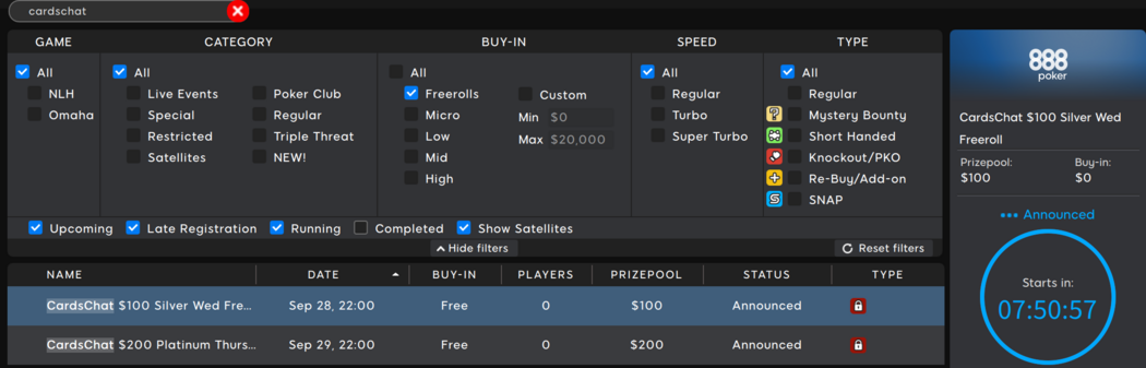 Фріроли Cardschat на 888 