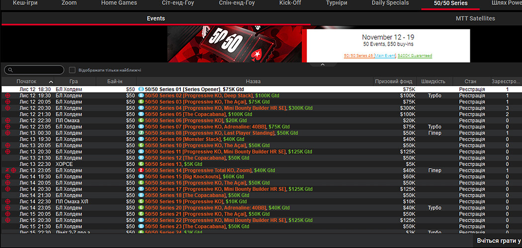 Розклад серії 50/50 на PokerStars із загальним призовим фондом 3 000 000$