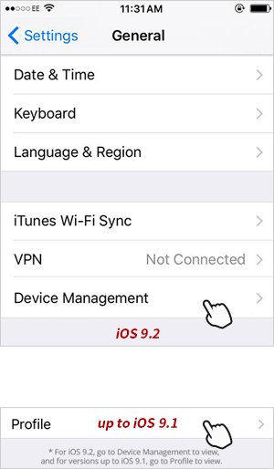 Select "Device management". On OS 9.1 or lower, go to "Profile" Device management