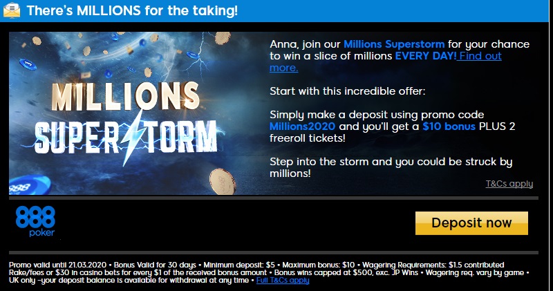 Бонус-код Millions2020 на 888 покер