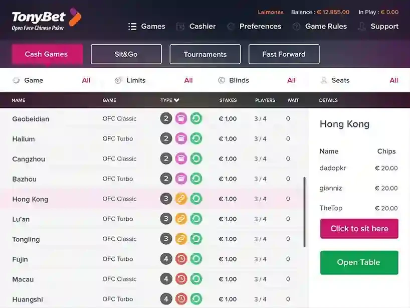 O lobby da TonyBet Poker