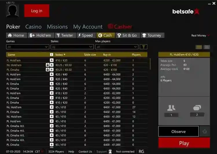 mesa de jogo da Betsafe Poker