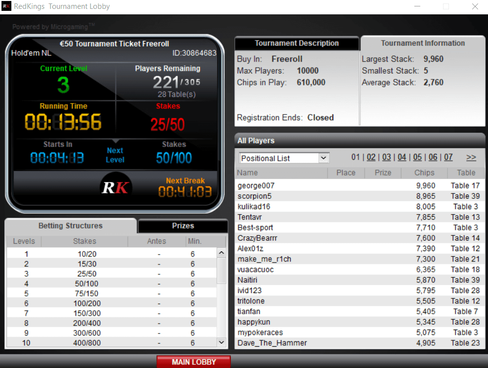 лобби турнира редкингс