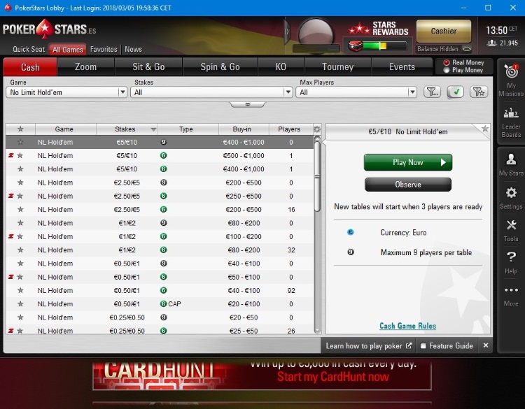 Головне лобі ПокерСтарс Іспанія PokerStars.es лобі