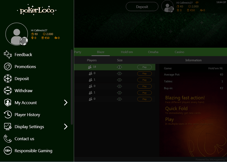 Меню настроек в лобби PokerLoco Меню настроек в PokerLoco