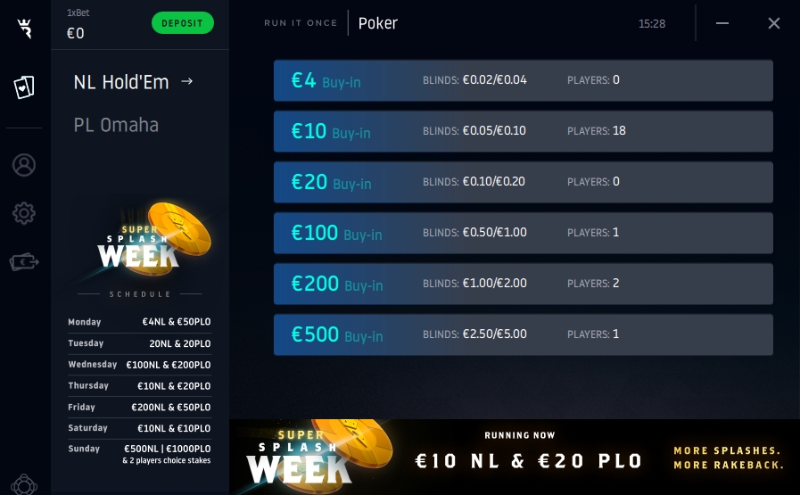 Run It Once Poker лобі руму Run It Once Poker лобі