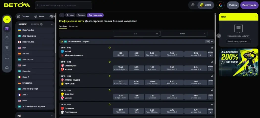 Ставки на ЛЧ чемпіона на Beton Ставки на ЛЧ чемпіона
